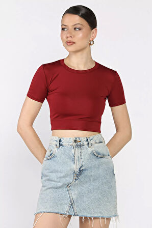 Kadın Bisiklet Yaka Likralı Crop Top Bluz