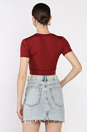 Kadın Bisiklet Yaka Likralı Crop Top Bluz