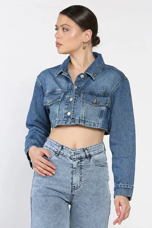 Kadın Crop Top Jean Kot Ceket