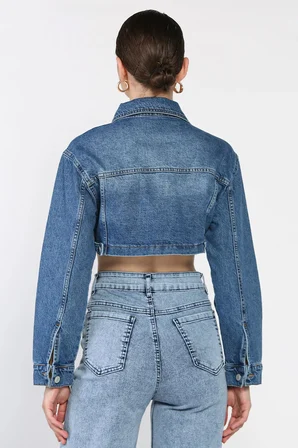 Kadın Crop Top Jean Kot Ceket