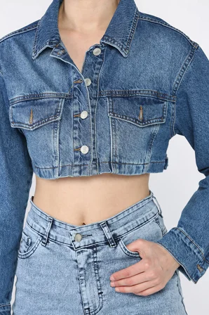 Kadın Crop Top Jean Kot Ceket