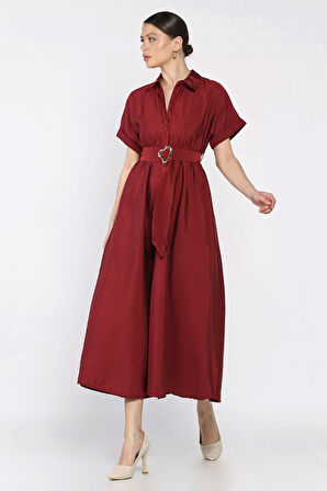 Boydan Düğmeli Bel Lastikli Kemerli Kısa Kol Elbise