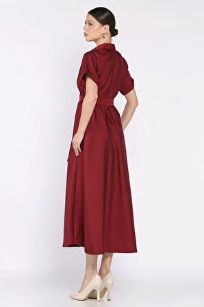 Boydan Düğmeli Bel Lastikli Kemerli Kısa Kol Elbise