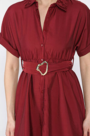 Boydan Düğmeli Bel Lastikli Kemerli Kısa Kol Elbise