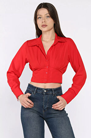 Kadın Pile Detaylı Arka Bağlamalı Crop Top Gömlek