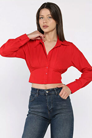Kadın Pile Detaylı Arka Bağlamalı Crop Top Gömlek