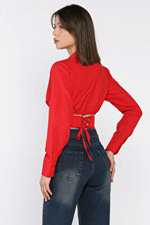 Kadın Pile Detaylı Arka Bağlamalı Crop Top Gömlek