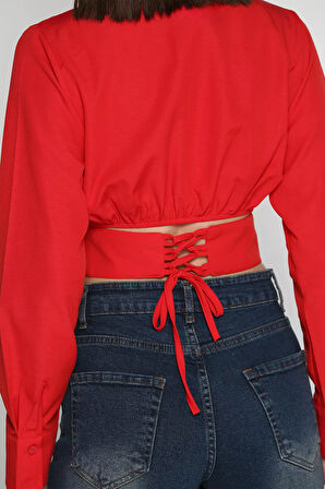 Kadın Pile Detaylı Arka Bağlamalı Crop Top Gömlek