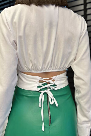 Kadın Pile Detaylı Arka Bağlamalı Crop Top Gömlek