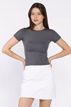 Kadın Bisiklet Yaka Likralı Modal Kumaş Crop Top Bluz