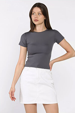 Kadın Bisiklet Yaka Likralı Modal Kumaş Crop Top Bluz