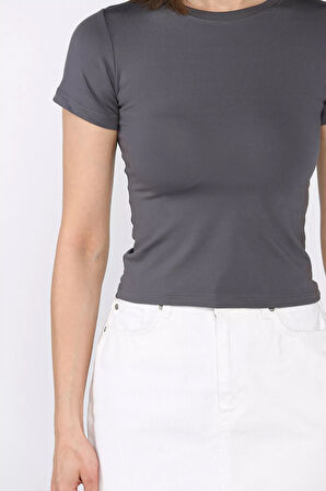 Kadın Bisiklet Yaka Likralı Modal Kumaş Crop Top Bluz