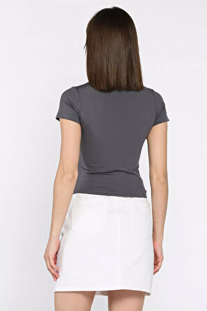 Kadın Bisiklet Yaka Likralı Modal Kumaş Crop Top Bluz