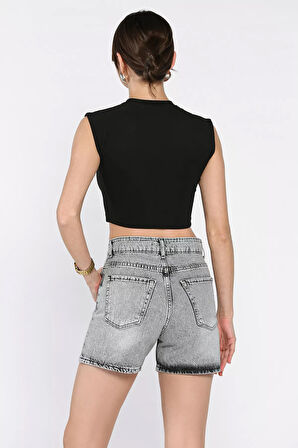 Kadın Çiçek Taşlı Jean Kot Şort