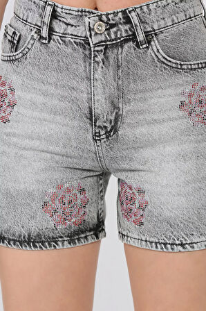 Kadın Çiçek Taşlı Jean Kot Şort
