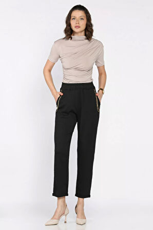 Kadın Bel Lastikli Zincir Aksesuarlı Duble Paça Pantolon