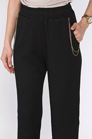 Kadın Bel Lastikli Zincir Aksesuarlı Duble Paça Pantolon