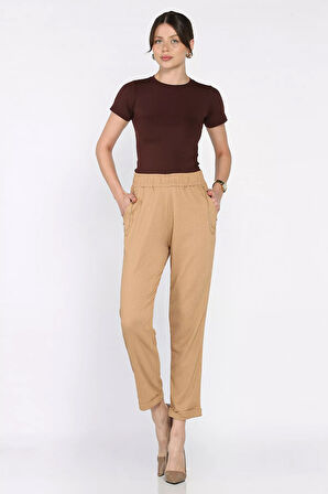 Kadın Bel Lastikli Zincir Aksesuarlı Duble Paça Pantolon