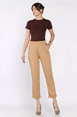 Kadın Bel Lastikli Zincir Aksesuarlı Duble Paça Pantolon