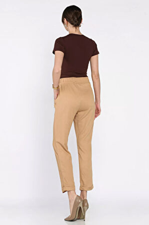 Kadın Bel Lastikli Zincir Aksesuarlı Duble Paça Pantolon