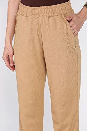 Kadın Bel Lastikli Zincir Aksesuarlı Duble Paça Pantolon