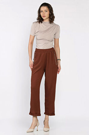 Kadın Bel Lastikli Zincir Aksesuarlı Duble Paça Pantolon