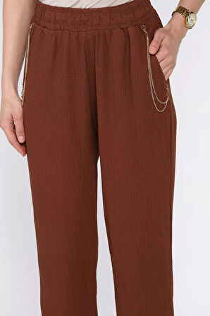Kadın Bel Lastikli Zincir Aksesuarlı Duble Paça Pantolon