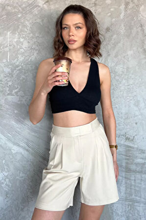 Kadın Bel Lastikli Pileli Yüksek Bel Cırtlı Şort