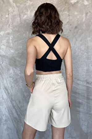 Kadın Bel Lastikli Pileli Yüksek Bel Cırtlı Şort