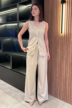 Çift Düğmeli Yelek Pantolon İkili Takım