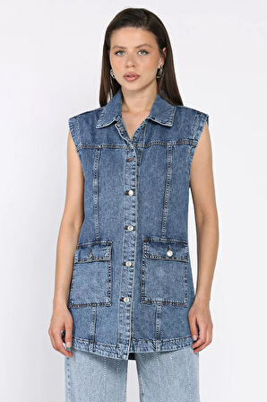 Kadın Çift Cepli Jean Kot Yelek