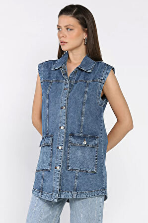 Kadın Çift Cepli Jean Kot Yelek