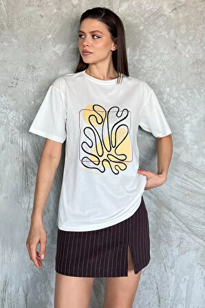 Kadın Taşlı Baskılı Bisiklet Yaka Tişört