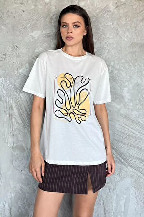 Kadın Taşlı Baskılı Bisiklet Yaka Tişört