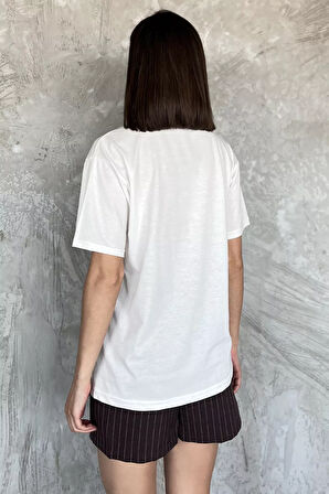 Kadın Taşlı Baskılı Bisiklet Yaka Tişört