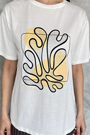 Kadın Taşlı Baskılı Bisiklet Yaka Tişört