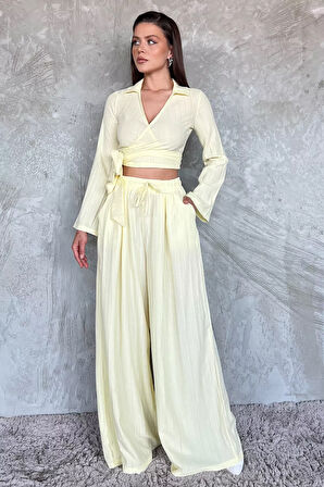 Kruvaze Yaka Bel Bağcıklı Bluz Pantolon İkili Takım