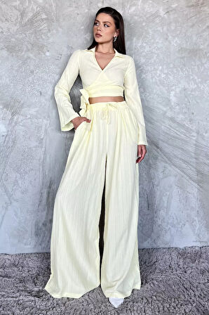 Kruvaze Yaka Bel Bağcıklı Bluz Pantolon İkili Takım