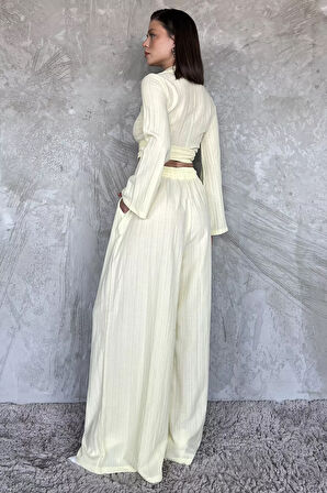 Kruvaze Yaka Bel Bağcıklı Bluz Pantolon İkili Takım