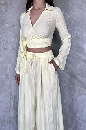 Kruvaze Yaka Bel Bağcıklı Bluz Pantolon İkili Takım