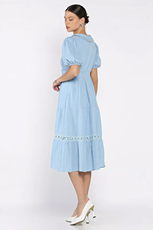 Kadın Bebe Yaka Dantel İşleme Detaylı Bel Lastikli Elbise