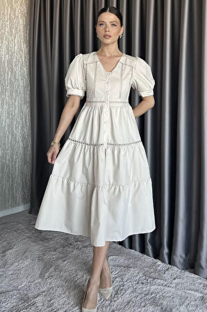 Kadın Boydan Düğmeli V Yaka Fırfırlı Balon Kol Elbise