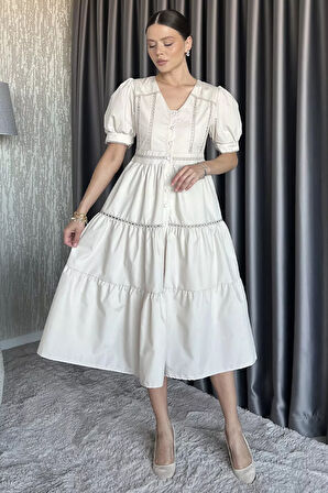 Kadın Boydan Düğmeli V Yaka Fırfırlı Balon Kol Elbise