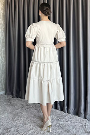 Kadın Boydan Düğmeli V Yaka Fırfırlı Balon Kol Elbise