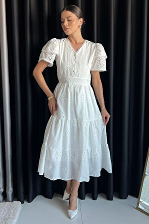 Kadın V Yaka Ön Düğme Detaylı Fistolu Fırfırlı Elbise