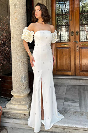 Taşlı Kol Aksesuarlı Straplez Abiye Elbise