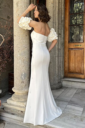 Taşlı Kol Aksesuarlı Straplez Abiye Elbise