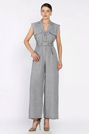 Bel Lastikli Kemerli Keten Tulum