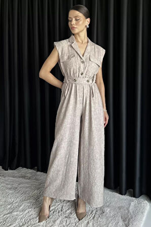 Bel Lastikli Kemerli Keten Tulum