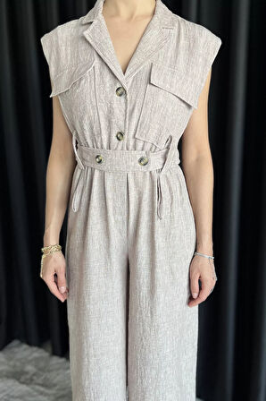 Bel Lastikli Kemerli Keten Tulum